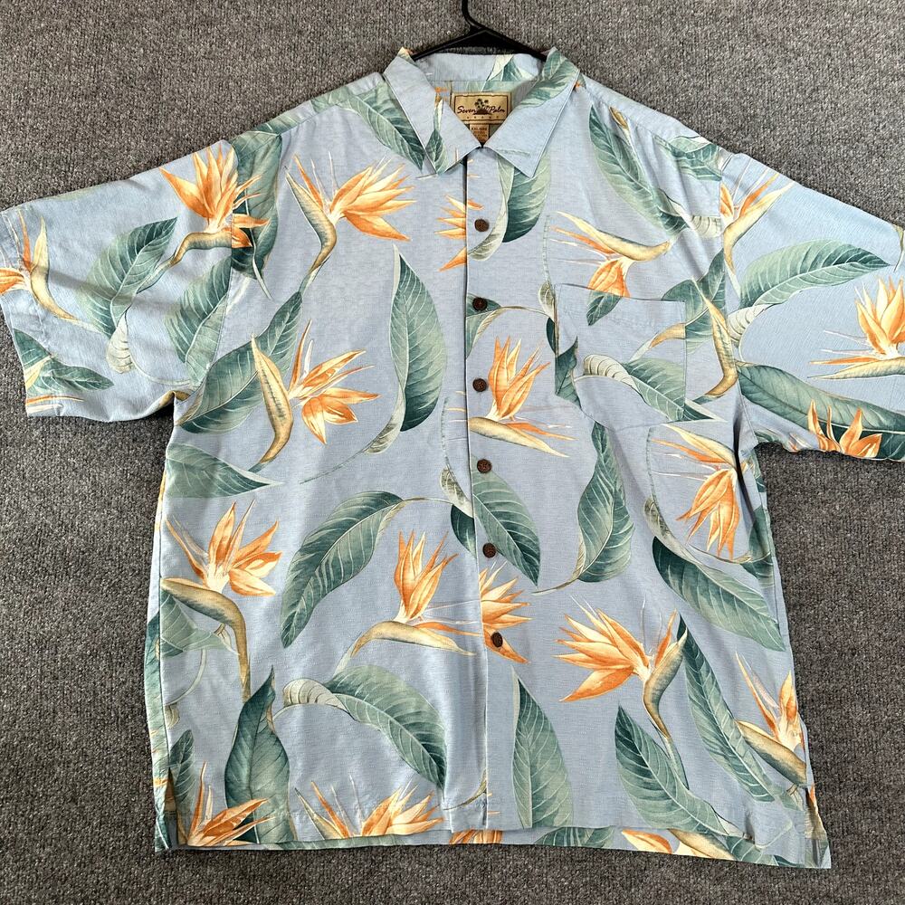 Seven Palm Silk Hawaiian Shirt XXL Blue Bird of Paradise Tropical Camp